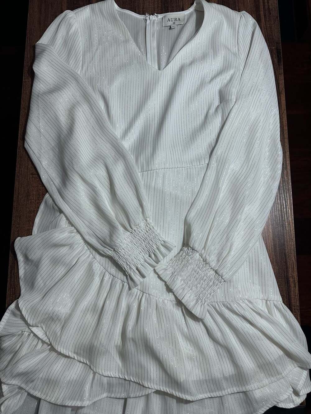 Aura D7158L Dress Size M White Silver Stripe V-Neck Long Sleeve Mini